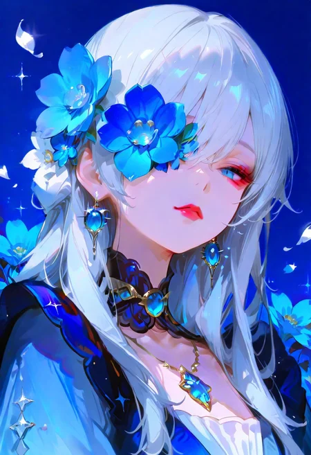 masterpiece, best quality, good quality, very aesthetic, absurdres, newest, 1girl, solo, long hair, hair ornament, dress, jewellery, upper body, white hair, grey hair, flower, earrings, hair flower, necklace, collar, sparkle, petals, makeup, blue dress, blue background, portrait, gem, facing viewer, no angle, blue flower, one eye covered, blue theme, red lips, falling petals, blue gemstone, flower over eye, usnr, 748cmstyle