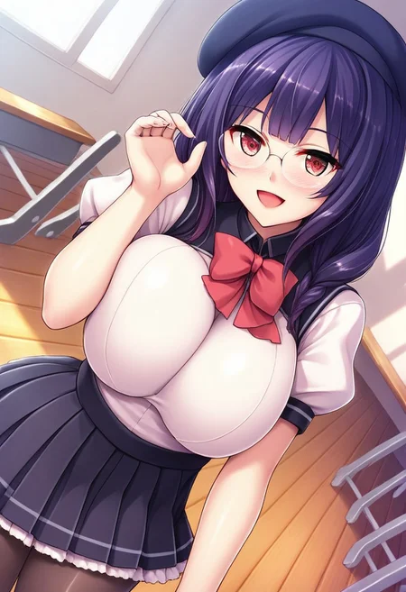 4k resolution, masterpiece, absurdes, highly detailed, highres, high quality, best quality, score_9, score_8_up, score_7_up, score_6_up, anime_source, source_anime, anime coloring, high resolution, Detailed face, Best quality, ultra-detailed eyes, High-resolution portrait, sharp detail, subtle blush, vivid eyes with subtle highlights, masterpiece, source_anime, anime style, cowboy shot, rare view,
Break,
1girl, solo, solo focus, looking at viewer, long hair, violet hair, twin braids, red eyes, huge breasts, sexy, curvy, voluptuous, black beret, glasses, red bow, school uniform, shirt, puffy sleeves, short sleeves, pleated skirt, skirt, black pantyhose, white blouse, white sleeves, thinking pose, relaxed posture, smile, open mouth, standing,
Break,
indoor, classroom, windows, daytime, day, natural lighting,