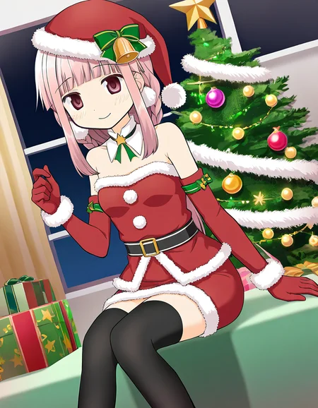 masterpiece, best quality, newest, absurdres, highres, safe, 1girl, tamaki iroha \(christmas costume\), magia record: mahou shoujo madoka magica gaiden, strapless, pencil skirt, solo, sitting, indoors, dutch angle, <lora:tamaki_iroha_noobaiXLNAIXL_vPred10Version:0.7>
