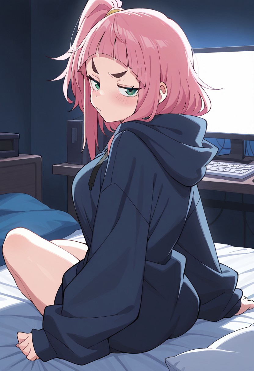 masterpiece,best quality,amazing quality,, score_9, score_8_up, score_7_up, soft lighting, dramatic lighting, (backlighting:1.3),  1girl, solo, kiui_watase, pink hair, blunt bangs, short hair, green eyes, thick eyebrows, side ponytail, dark blue hoodie, baggy clothes, bedroom, dark bedroom, sexy, looking back at viewer, seductive, embarrassed, pouting, (annoyed:0.9), computer, pc, medium breasts, on bed, bed,