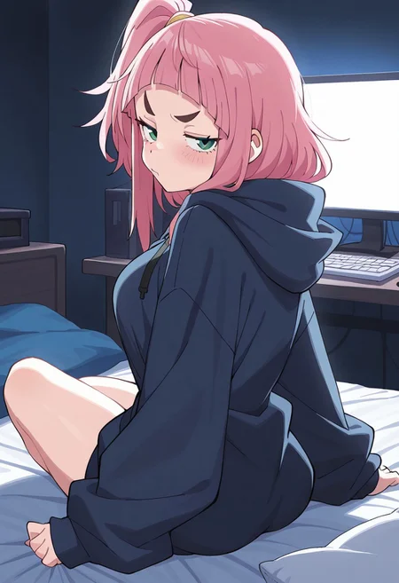 masterpiece,best quality,amazing quality,, score_9, score_8_up, score_7_up, soft lighting, dramatic lighting, (backlighting:1.3), 1girl, solo, kiui_watase, pink hair, blunt bangs, short hair, green eyes, thick eyebrows, side ponytail, dark blue hoodie, baggy clothes, bedroom, dark bedroom, sexy, looking back at viewer, seductive, embarrassed, pouting, (annoyed:0.9), computer, pc, medium breasts, on bed, bed,