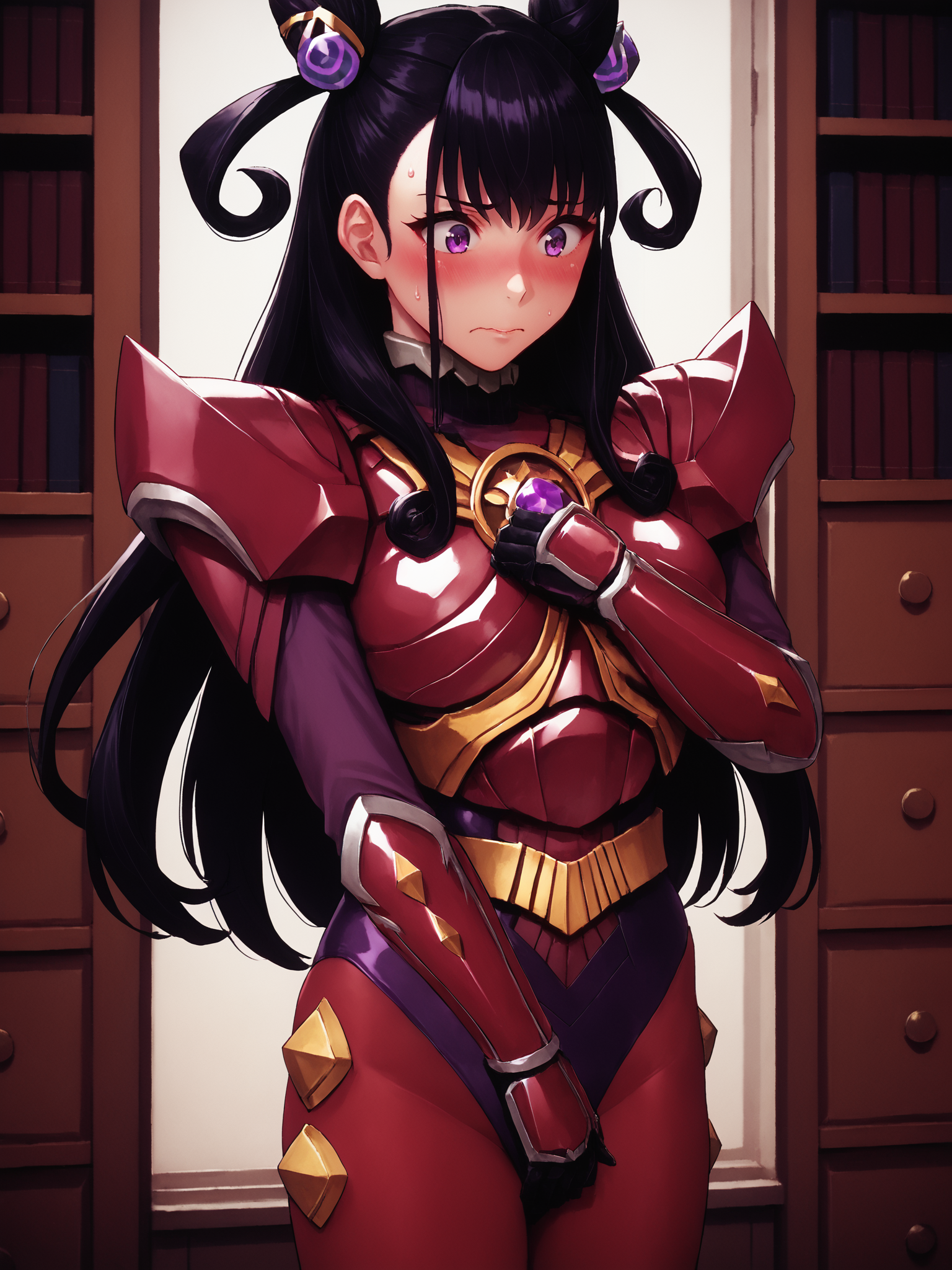 score_9, score_8_up, score_7_up, source_anime, zPDXL, zPDXLpg, <lora:offset_0.2:0.1>, <lora:spo_sdxl_10ep_4k-data_lora_webui:1>,
1girl, solo,
long hair, black hair, purple eyes, double bun, two side up, hair ornament, <lora:kaoruko:1>,
sazervelsou, red bodysuit, purple leotard, belt, armor, gauntlets, <lora:Sazer_Velsou:1.0>,
embarrassed, blush, nervous, flustered, covering breasts, covering crotch,
indoors, library, dark