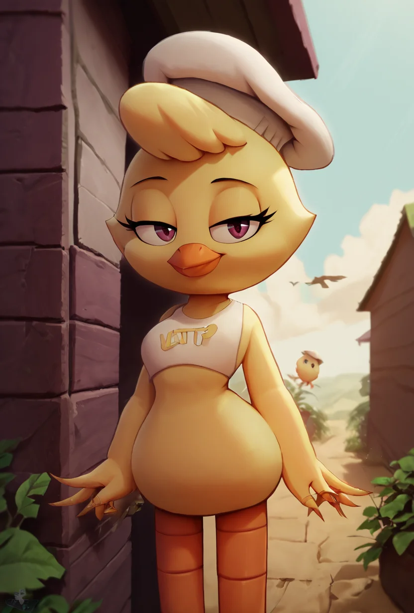 score_9, score_8_up, score_7_up, looking at viewer, smiling, <lora:chica-06:1> chica, hat, bird, 1girl, solo, outdoors, <lora:Footness_v2:1> hoovesart,, lidded eyes, spikezilla