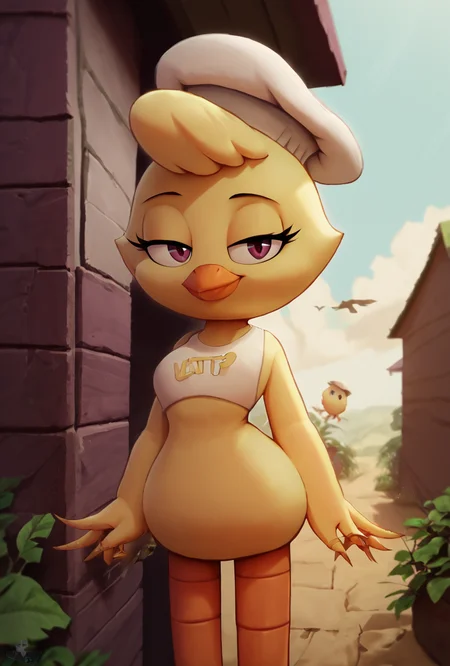 score_9, score_8_up, score_7_up, looking at viewer, smiling, <lora:chica-06:1> chica, hat, bird, 1girl, solo, outdoors, <lora:Footness_v2:1> hoovesart,, lidded eyes, spikezilla