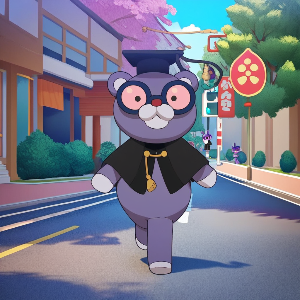 score_9, score_8_up, score_8, furry, Poofessor, bear, purple fur, yokai, glasses, red nose, academic cap, cartoon style, 2d, solo, black cape, walking towards viewer, looking at viewer, smile, walking down street, sakura trees, falling sakura blossoms, sunny, outside