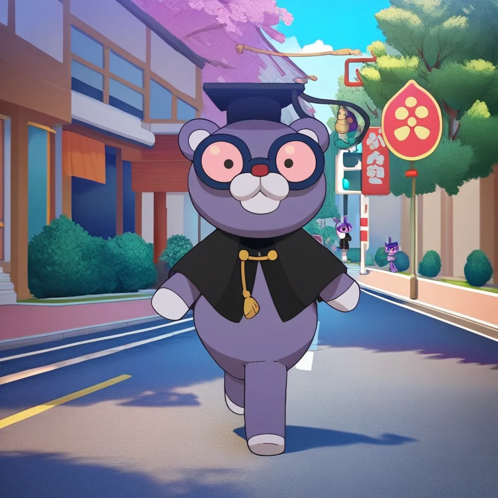score_9, score_8_up, score_8, furry, Poofessor, bear, purple fur, yokai, glasses, red nose, academic cap, cartoon style, 2d, solo, black cape, walking towards viewer, looking at viewer, smile, walking down street, sakura trees, falling sakura blossoms, sunny, outside
