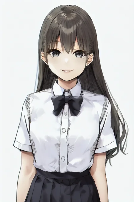 bangs, by sky-freedom, 1girl, solo, white collared shirt, smile, pursed lips, looking at viewer, simple background, anatomy, upper body, small breasts, long hair, grey hair, skirt <lora:skyfreedom-v1-8k-lora:2>