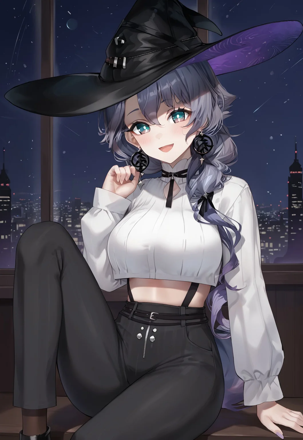 Michiru2nd, long hair, earrings, blue eyes, bangs, grey hair, witch hat, black headwear, purple hair, hair over shoulder,
large breasts, crop top, white shirt, long sleeves, sleeves past wrists, black pants, midriff, high-waist pants, black ribbon, white sleeves,
looking at viewer, light smile, open mouth, head tilt, blush, sitting, leg up, knee up, from side,
indoor, window, city, neon lights, dark, night, night sky,
1girl, solo, solo focus, highres, absurdres, light particles, backlighting, shade, lens flare, shiny skin, fine fabric emphasis,
