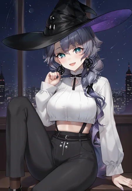 Michiru2nd, long hair, earrings, blue eyes, bangs, grey hair, witch hat, black headwear, purple hair, hair over shoulder,
large breasts, crop top, white shirt, long sleeves, sleeves past wrists, black pants, midriff, high-waist pants, black ribbon, white sleeves,
looking at viewer, light smile, open mouth, head tilt, blush, sitting, leg up, knee up, from side,
indoor, window, city, neon lights, dark, night, night sky,
1girl, solo, solo focus, highres, absurdres, light particles, backlighting, shade, lens flare, shiny skin, fine fabric emphasis,