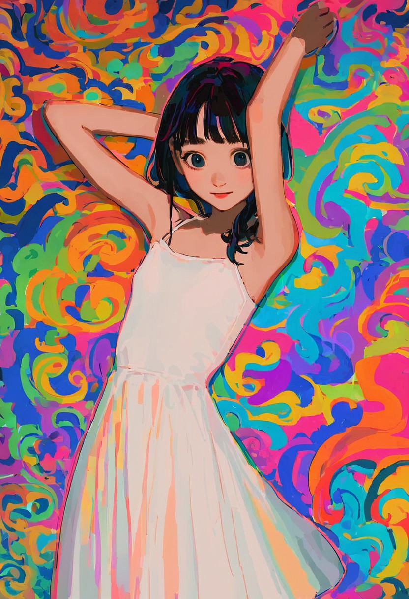 score_9, score_8_up, score_7_up, zPDXL2, detailed background, extremely detailed, concept art, source_anime, small chest, dark theme, low light, solo, easynegative, close up, source_anime, colorful abstract background, arms up lineart_style, 1 girl, white sundress, monochrome, colorful background, joyful, holding skirt, white outline 