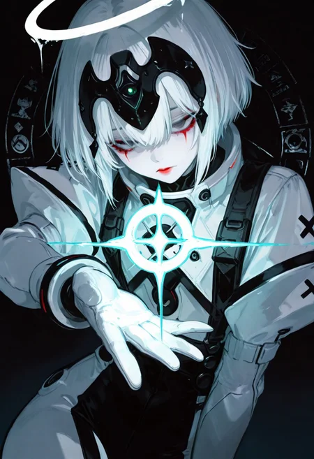 This is a highly stylized, digital artwork featuring a striking, androgynous figure against a solid black background. The subject is adorned in a futuristic, geometric costume with bold color combinations. The costume is primarily composed of horizontal black and white stripes, which create a stark contrast against the figure's pale skin. The headpiece is a large, circular shape with a gradient from red at the outer edge to white at the center, resembling a halo. The figure's face is painted in a dramatic, almost mask-like style, with a white base and striking red lips. The makeup around the eyes is heavily accentuated, giving a bold, almost exaggerated appearance. The overall aesthetic is minimalistic yet highly impactful, with a focus on clean lines and bold color contrasts. The image's lighting is carefully controlled, casting subtle shadows that accentuate the contours of the costume and the figure's features. The texture of the costume appears smooth and glossy, enhancing the futuristic and otherworldly feel of the artwork. The composition is symmetrical, with the figure centered and the headpiece extending beyond the frame, drawing the viewer's attention to the central subject. (G0thicL1nes), white sphere on the background