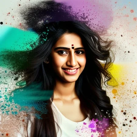 realistic photo of Beautiful indian woman standing, highly detailed, bright colored graffiti, in the style of dispersion, soft focus