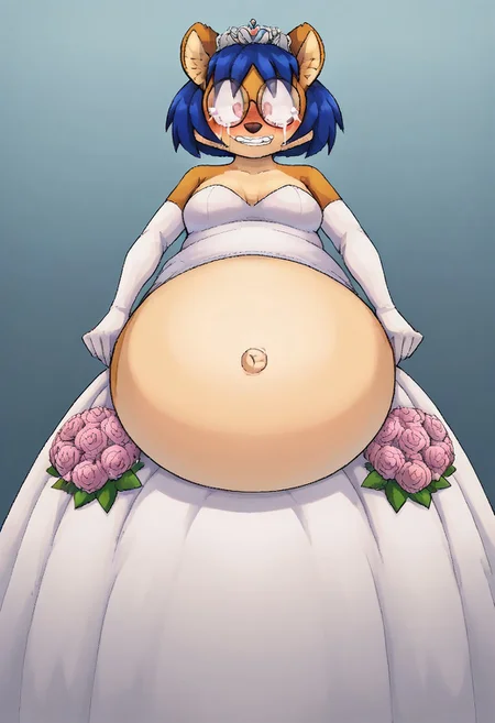 score_9, score_8_up, score_7_up, BREAK, 1girl, digital art, fbfng, anthro, fpx, blue hair, (belly:1.5), round glasses, huge beasts, looking at viewer, blush, seductive look, crying, bride, wedding dress, bridal veil, strapless dress, elbow gloves, holding bouquet