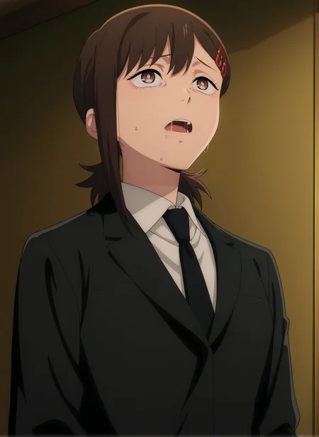 volumetric lighting, official style, amazing quality, ultra detailed, highres, detailed background, anime screenshot, anime screencap, anime coloring, masterpiece, detailed face,1girl <lora:Kobeni_Higashiyama__:0.9>kobeni, solo, hair ornament, necktie, hairclip, shirt, collared shirt, formal, black necktie, white shirt, suit, single sidelock, jacket, black jacket, short ponytail, drooling, open mouth, medium hair, looking up, brown eyes, upper body, bangs, saliva, short hair