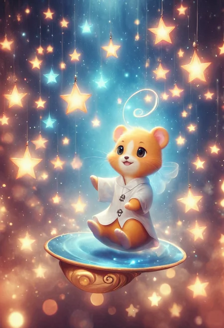 <lora:Dreamstar_Pony:1>,
Masterpiece, score_9, score_8_up, dreamstar, cute hamster, wearing a tiny alchemist robe, sitting at a table with (glowing potions:1.2) floating in the air, stars softly glowing around, playful and focused expression, magical alchemy lab, solo, warm and magical light, whimsical and fun scene