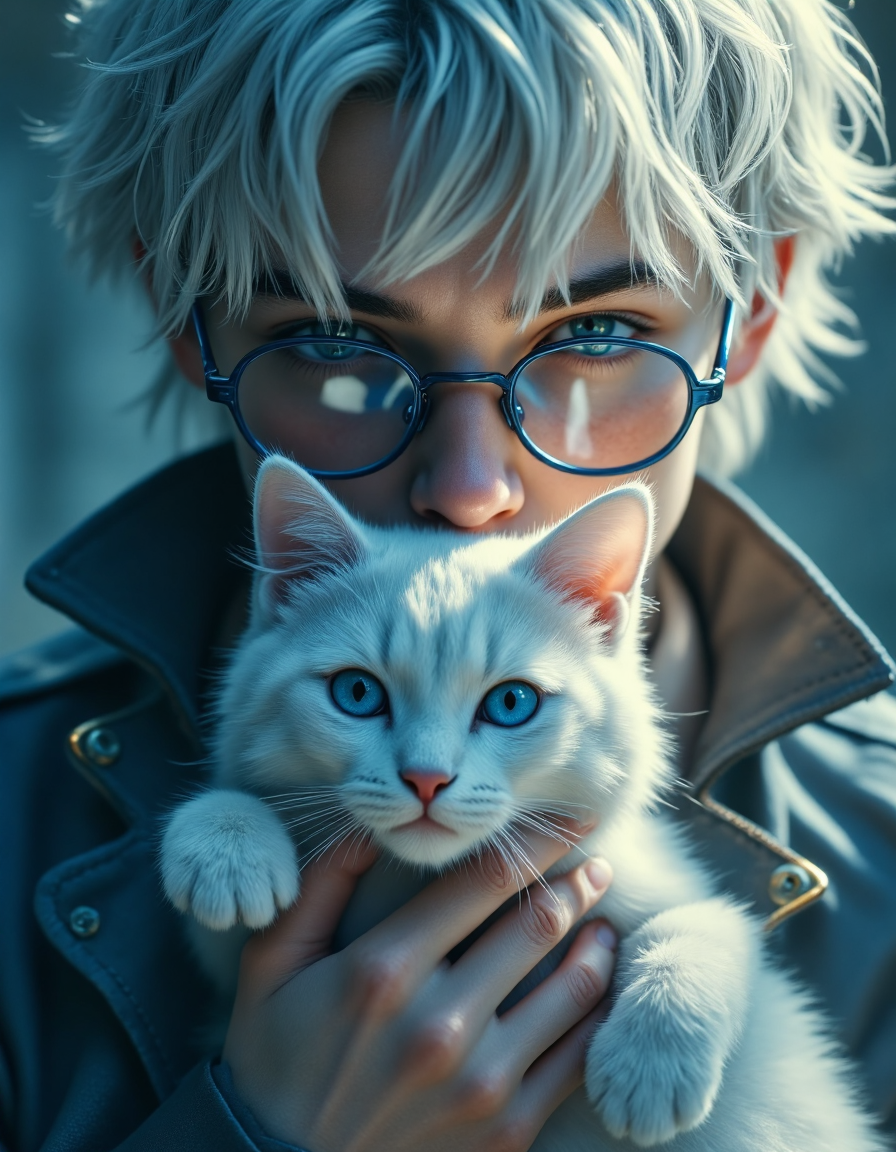 highly detailed cinematic close-up portrait of a young man with a white cat. Gojo Satoru, highlighted by soft lighting, and white hair, are contrasted with dark, rich blue round glasses reflecting light.  Cat has vibrant blue eyes, and a soft, fluffy white coat, both contrasting with the Gojo's features and the softly lit background. A warm, dreamlike atmosphere envelops the scene, with gentle shades and light blue tones throughout the image. Gojo tenderly cradles the cat against his chest with a gentle yet determined expression. The Gojo's hands and the cat's fur are detailed with a painterly touch, showing soft textures and gentle curves. Composition is central, emphasizing the closeness between the two subjects.  A dark jacket is visible on the Gojo, complementing the overall aesthetic of the piece, shallow depth of field, vignette, bokeh, moody, epic, gorgeous, film grain, grain, HKMagic, aidmaFluxProUltra, <lora:FantasyWizardWitchesFluxV2-000001:0.9>, <lora:aidmaFluxProUltra:0.3>, <lora:Dever_Flux_Enhancer:0.5>