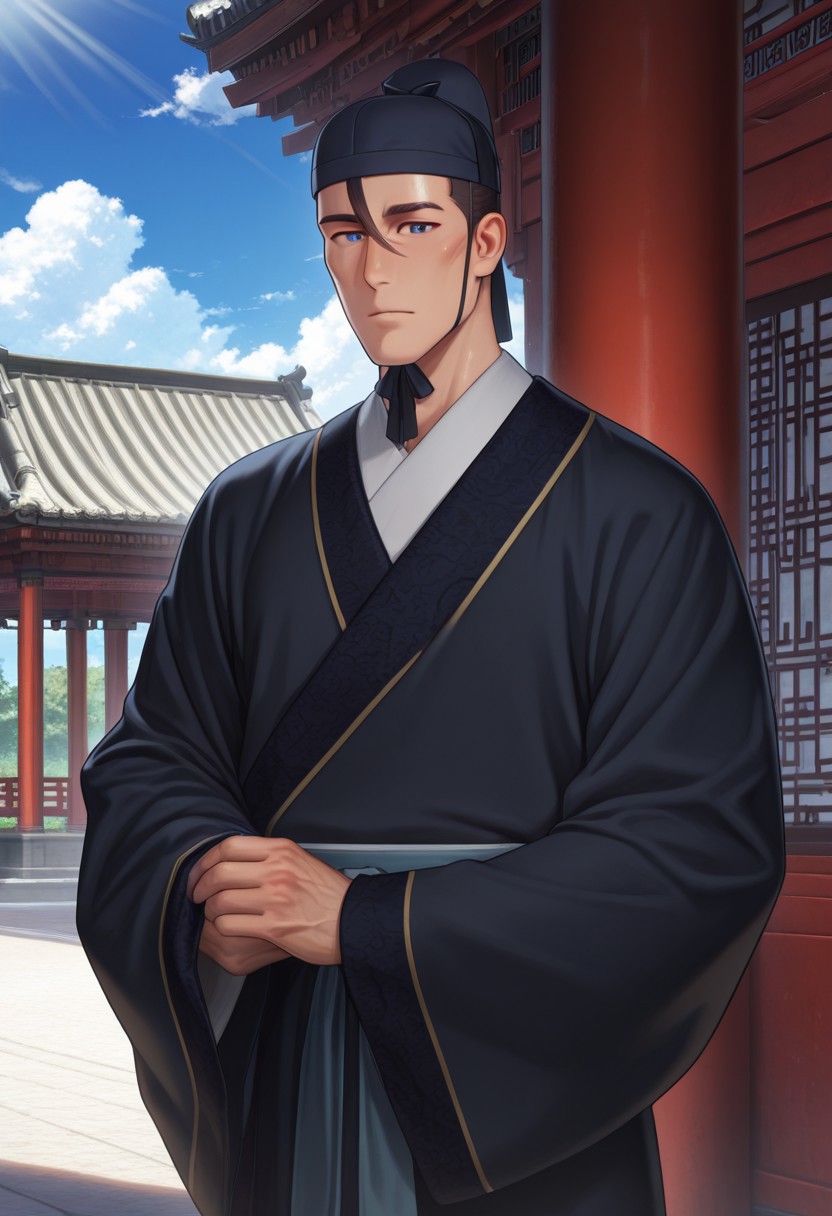 masterpiece, best quality, amazing quality, absurdres, newest, detailed background, definition so sharp, Ultra-HD, 8K cinematic, very awa, impressionate, amazing quality, highres, 
solo, male focus, manly, mature male, bara,  shiny skin, shadow,
gaoshun, gaoshun_brown hair, gaoshun_blue eyes, 1boy, solo, male focus,short hair, cheekbones, man bun, blue cap, gaoushun_party kimono, dark blue hanfu, white kimono, sash, hand on another sleeves, looking at viewer, outdoor, pavilion, day, cloud, blue sky, sunbeam,