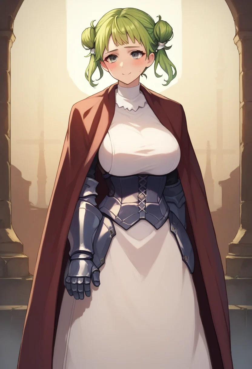 score_9, score_8_up, score_7_up, score_6_up, score_5_up, score_4_up, source_anime,
1girl, solo,
<lora:tatiana-10:1.0>, tatiana, priest, stole, very long stole, red stole, dress, dark red Cloak, very long Cloak, white robe, white dress, very long dress, green hair, hair bun, black footwear, armor, thigh armor, grey eyes, double bun, gauntlets, corset, (boots:0.9),
huge breast, shiny skin, sweat, blush, smile,