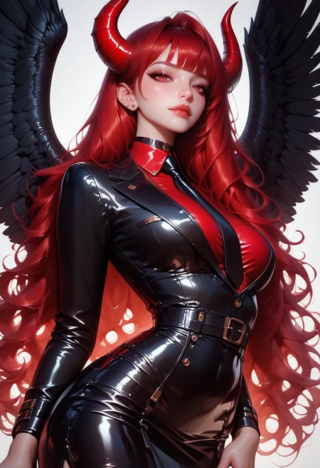 skzW0rld, PonyScores7, masterpiece, best quality, 1girl, adult female, horns, wide hips, black wings, red eyes, collared shirt, high waisted skirt, black blazer, latex, tie, solo, cowboy shot, long flowing hair, bangs, red hair, breasts, choker, detailed background, volumetric lighting, soft tilt, dutch angle, perfect hands  <lora:skzW0rld-Pony:1>