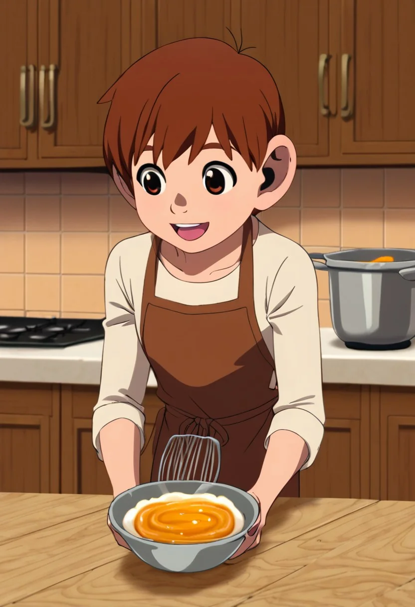 chilchuck_tims, brown hair, brown eyes, solo, at kitchen, cooking, happy expression