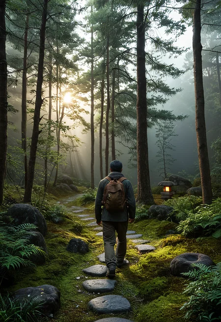 d577:0.25, A realistic Japanese courtyard garden with moss-covered mounds,natural stones and neatly arranged stepping stones forming a winding path, wabi-sabi aesthetics, spatial layering, and material harmony, a man with a backpack walking through a forest filled with rocks and trees in the sun light shining through the trees behind him, trees and sky and foggy forest ' s in background and water ' s edge in foreground and foreground on right, cinematic lighting, glossy paper, iso150, 35mm, score_9, score_8_up, score_7_up, intricate details, Hyperrealism style, 3d, concept-art, dreaminess, psychedelic, shallow-depth-of-field, cinematic lighting, soft bokeh, very beautiful composition, Unreal, real-time 3D, Epic Games style, Unreal Engine style, 3d-rendering, vibrant contrast depth and shadow enhanced using (Gaussian blur) for a soft background focus, (sharpen filter) applied, (color grading) to enhance contrast between warm and cool tones, (noise reduction) for a smooth, clean finish, (HDR toning) used for extra depth and detail, highly detailed dreamy background detailed skin texture, subsurface scattering award-winning, professional, highly detailed . dreamlike, mysterious, provocative, symbolic, intricate, detailed, hyper-detailed, masterpiece, award winning, midjourneyv6.1