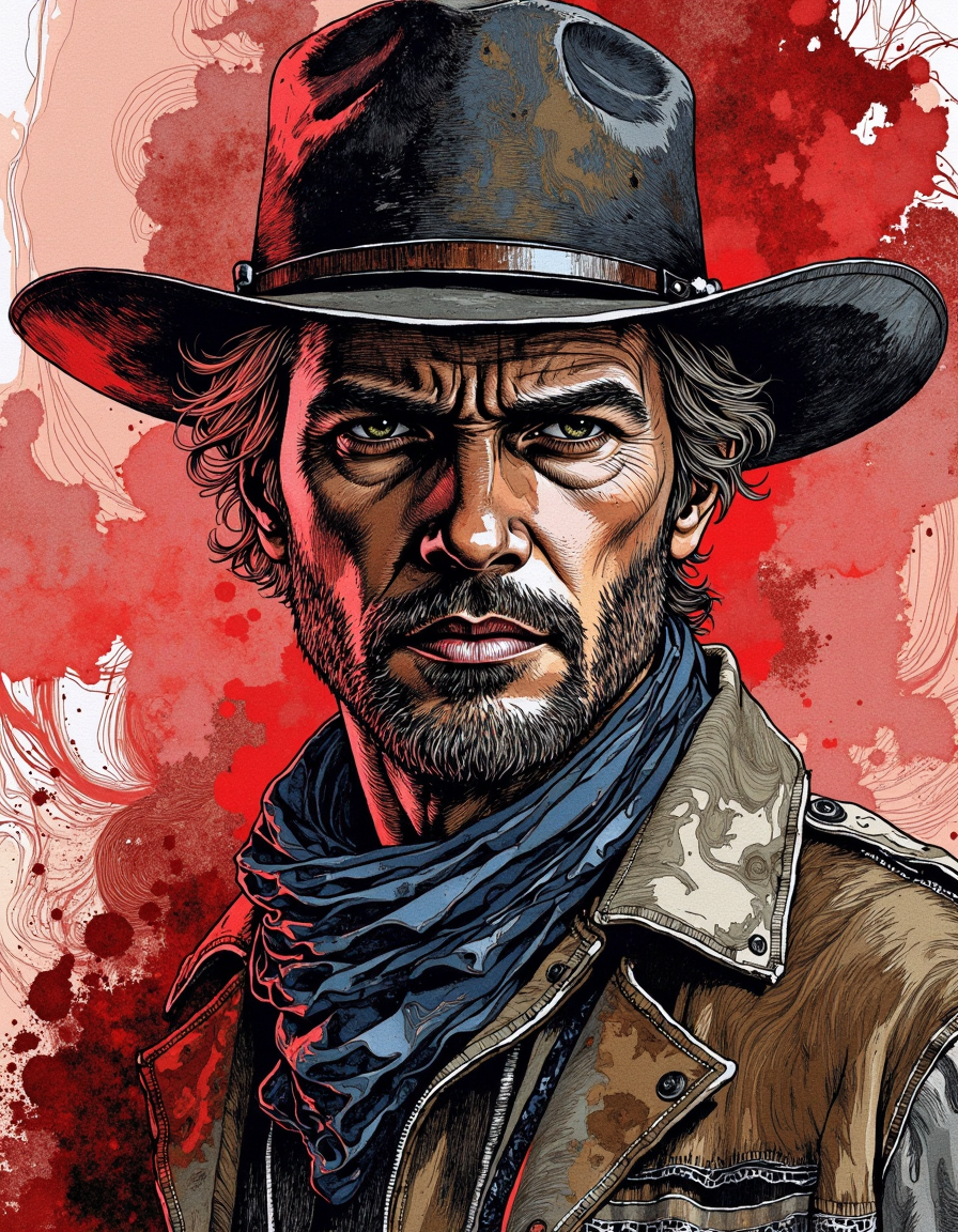 This is a digital artwork created in a mixed media style, blending elements of watercolor and ink.
A red dead redemption, cowboy face, unshaved, a trip to tomorrow era, aftermath,standing, face detail, close view, cinematic, graphic novel, vibrant, highly detailed, red black gradients, outline, detailed textures, sketch, drawing. <lora:Illustration_Style_IV-3:0.9>