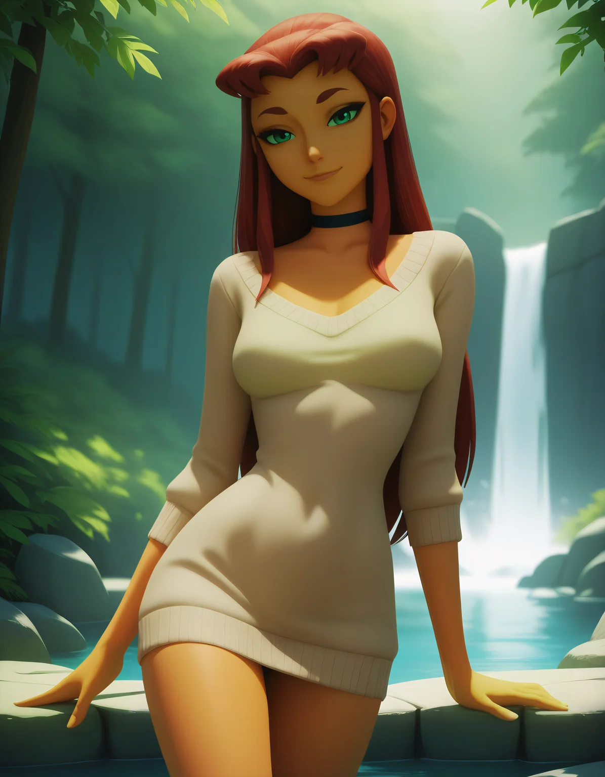 very awa, masterpiece,best quality,amazing quality, best quality, newest, absurdres, highres, detailed background, detailed hair, depth of field, detailed skin, best quality, amazing quality, very aesthetic, high resolution, ultra-detailed, absurdres, OverallDetailXL, skinny, narrow waist, aged up, illustarfire, red hair, long hair, orange skin, green eyes, Sweater dress, choker, black choker, breasts, 1girl, (portrait:1.2), smiling, closed mouth, fu6trup, forest, waterfall, crystal_clear_pool, stepping_stones,,,,