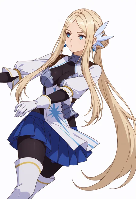 Smooth Quality,masterpiece,very intricate, high quality details, ultra realistic, high detailed skin,detailed enviorement,absurdres,
simple background, white background, dancing, solo,dutch angle,
<lora:Krishna_CNR:0.8> krishna_cnr, 1girl,blonde hair,very long hair,single hair bun, sidelocks, parted bangs, blue eyes, breasts,white hair ornament, earrings,armor, breastplate, armored dress, blue skirt, pleated skirt,white gloves, black pantyhose,white thigh boots,, parted lips,, o3o,