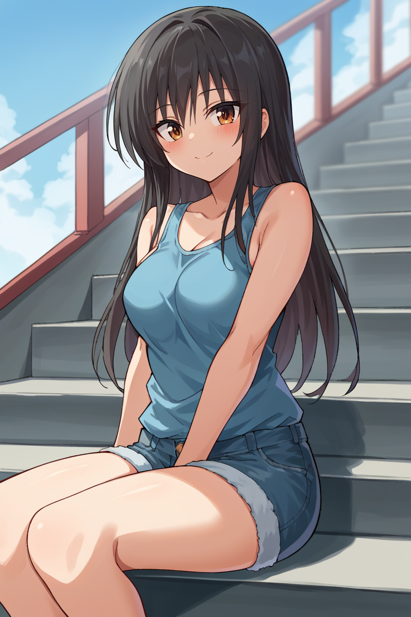 score_9, score_8_up, source_anime, BREAK 1girl <lora:kotegawayui-pdxl-nvwls-v1:1> kotegawayui, long hair, blue tank top, medium breasts, sitting, denim shorts, smile, blush, looking at viewer, stairs, blue sky