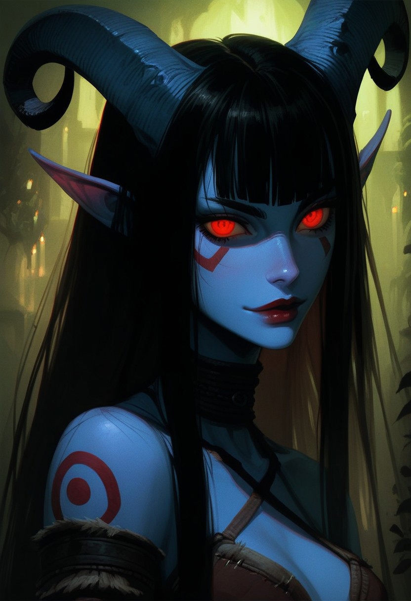 score_9, score_8_up, score_7_up, score_6_up, gthan, gthan, 1girl, gothic, portrait, beautiful, tiefling shaman, black hair, (long hair:1.3), side bangs, horns, barbarian, gladiator, war paint, tribal markings, long tail, blue skin, red lips, red eyes, glowing eyes, (smug:0.85), dramatic lights, detailed, sharp lines, dynamic, detailed drawing