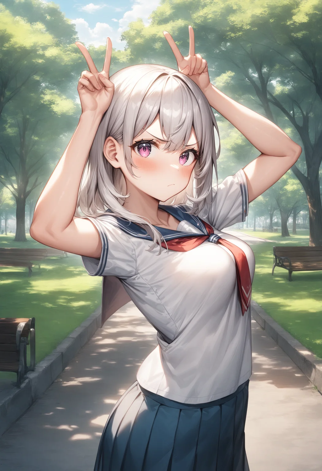 1girl, <lora:sdxl2-flat2-512b:-1>,medium breasts,school uniform,
<lora:usapiece_XL_v1:0.7>usa piece,double v, arms up,
from side, fisheye lens, looking away, annoyed, centralpark, closed mouth,
best quality, very aesthetic, absurdres