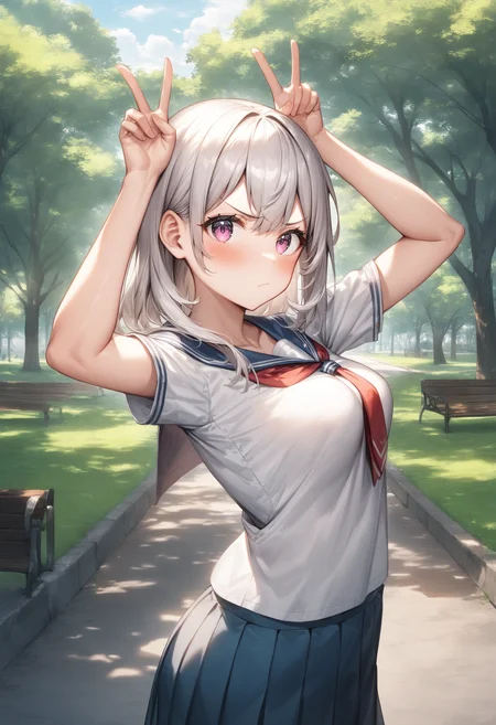 1girl, <lora:sdxl2-flat2-512b:-1>,medium breasts,school uniform,
<lora:usapiece_XL_v1:0.7>usa piece,double v, arms up,
from side, fisheye lens, looking away, annoyed, centralpark, closed mouth,
best quality, very aesthetic, absurdres