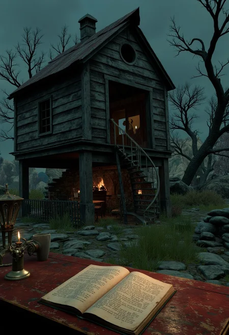 Under the silent watch of skeletal trees in a haunted orchard, a weathered barn leans precariously over cursed soil. Inside, ghostly farm tools rattle at the edges of vision, while a spiral staircase descends into a hidden root cellar lit by spectral lanterns. There, rusted cages hang from the rafters, each containing a different supernatural creature’s remains. A tattered journal filled with cryptic recipes lies on a moldy table, describing rituals to harvest the orchard’s forbidden fruit.
   , aidmabaldursgate3