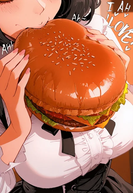 safe_pos, 1girl, solo, close-up, holstein, eating hamburger, moaning, (sound effects),
LovingIt, (Ah), (I love it),
virgin killer outfit,
khyle., sam_yang, moshimoshibe, qqqrinkappp,
masterpiece, best quality, absurdres, [dynamic pose]