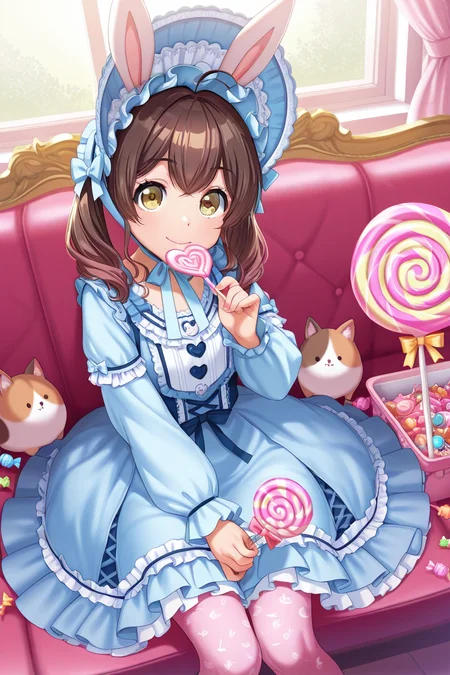 masterpiece, best quality, amazing quality,
<lora:Muni_IL:1> muni, 1girl, food, candy, solo, lollipop, sitting, blue dress, twintails, brown hair, looking at viewer, rabbit ears, animal ears, bonnet, pantyhose, frills, smile, swirl lollipop