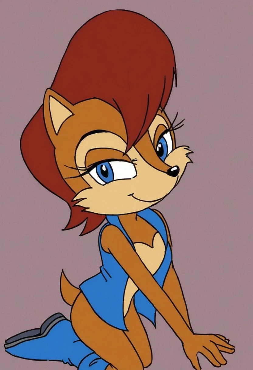 Sally Acorn, sonic character, sonic style, anthro, furry, 1girl, female, solo,
red brown hair, brown fur, blue eyes,
blue vest, blue boots,
smiling,
kneeling, looking at viewer, bedroom eyes,
upper body view, upper body,