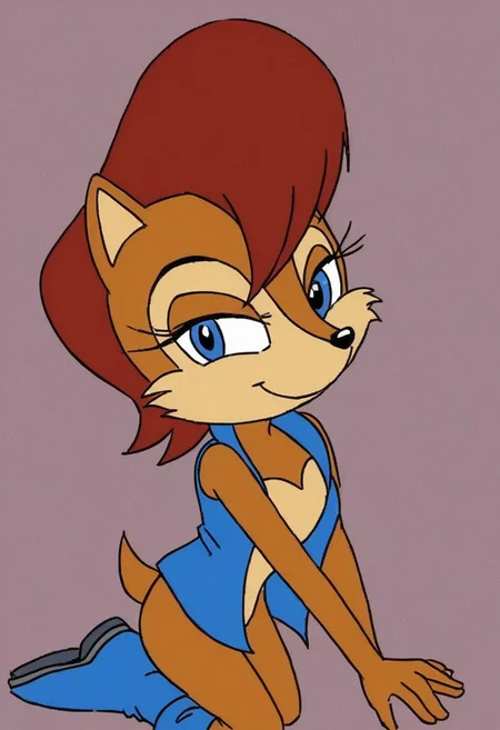 Sally Acorn, sonic character, sonic style, anthro, furry, 1girl, female, solo,
red brown hair, brown fur, blue eyes,
blue vest, blue boots,
smiling,
kneeling, looking at viewer, bedroom eyes,
upper body view, upper body,