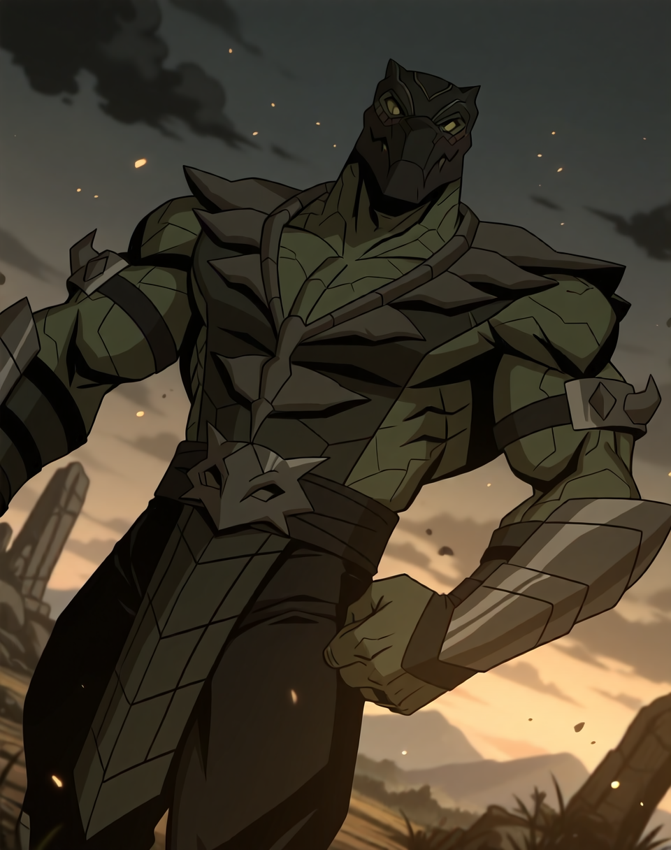 <lora:Reptile_(Mortal_Kombat_Legends_Scorpion's_Revenge)_(Illustrious)_(AD):1> Reptile_MK, muscular, Mortal Kombat, 
dutch angle, exterior, monumental architecture, wasteland, dark night sky with black clouds, mountains, ancient Asian stone ruins, 
male focus, gradient coloring, villain, cowboy shot, hyper muscular, 
BREAK very awe, aesthetically pleasing, masterpiece, best quality, amazing quality, very aesthetic, perfect depth of field shot, in'ei, source_furry, furry_art, 
Smooth Quality, lazympos, IllustQualXL_Pos,
