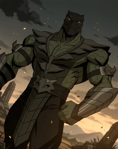 <lora:Reptile_(Mortal_Kombat_Legends_Scorpion's_Revenge)_(Illustrious)_(AD):1> Reptile_MK, muscular, Mortal Kombat,
dutch angle, exterior, monumental architecture, wasteland, dark night sky with black clouds, mountains, ancient Asian stone ruins,
male focus, gradient coloring, villain, cowboy shot, hyper muscular,
BREAK very awe, aesthetically pleasing, masterpiece, best quality, amazing quality, very aesthetic, perfect depth of field shot, in'ei, source_furry, furry_art,
Smooth Quality, lazympos, IllustQualXL_Pos,