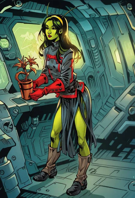 1girl, score_9, score_8_up, score_7_up, masterpiece, high quality, western cartoon, neon lighting, very detailed, depth of field, futuristic lighting, full color picture, solo, alone, petite,
1girl, commantis, green skin, antennae, black eyes, green hair, yellow hairband, black hair, long hair, belt, red gloves, navy skirt, navy jacket, buttons, two tone boots, makeup, pface3, 
full body, standing, leaning over to the side, spaceship, futuristic, interior, night, dark, watering plant, looking at plant, 