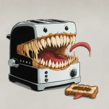 large teeth, gaping mouth, a Toaster mimic<lora:EnvyMimicXL01:1>