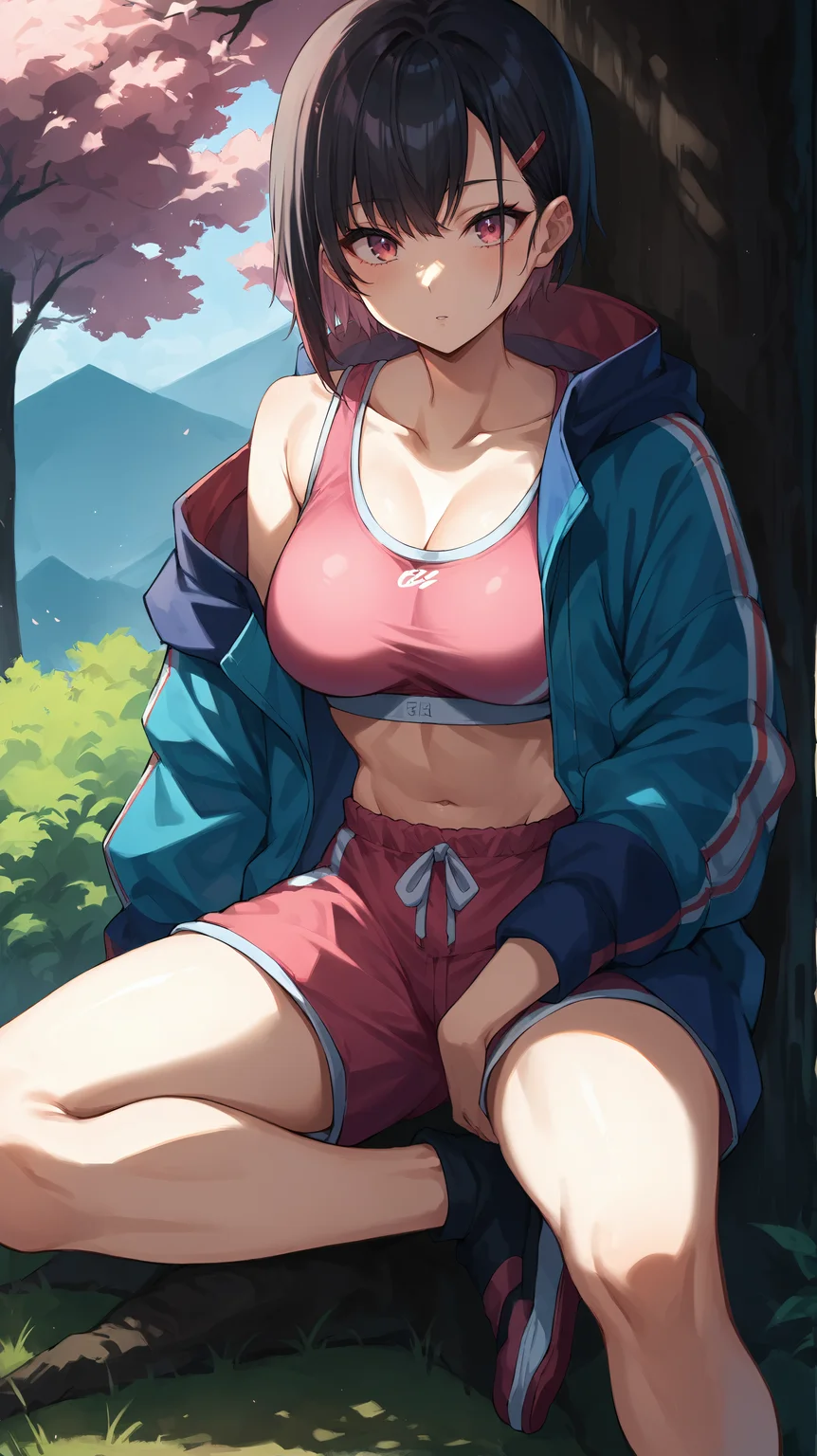 score_9,score_8_up,score_7_up,score_6_up, source_anime, zPDXL, <lora:xl_more_art-full_v1:0.5>, girl, dynamic pose, <lora:Mikazuki Shizuka - Pony-000003:0.7>, short hair, black hair, pink eyes, pink sports bra, pink shorts, colorful blue jacket, oversized jacket, hairclip, bangs, sitting under a tree, tree shade, japanese landscape, open fields in the background,