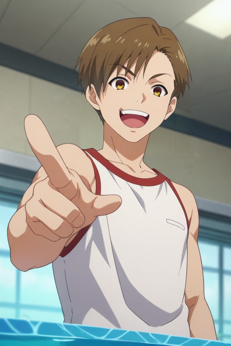 score_9, score_8_up, score_7_up, source_anime, rating_safe, , anime screencap, anime coloring, , , depth of field, 1boy, solo, male focus, <lora:kanji_ike_pony:0.8>, kanji_ike, brown hair, brown eyes, short hair, from below, pool, indoors, pointing, laughing, , <lora:sdxl_lightning_8step_lora:1>