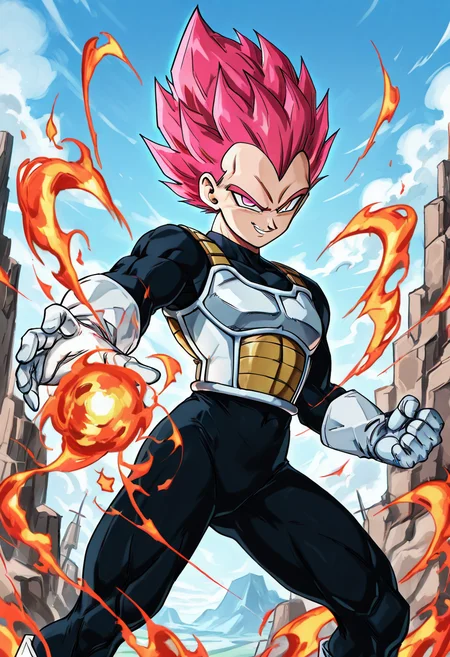 (masterpiece, best quality, good quality, very aesthetic, absurdres, newest:1.2), (detailed face), dbzhyp3ABO, solo, smile, gloves, 1boy, pink hair, male focus, red hair, sky, day, white gloves, pink eyes, armor, bodysuit, muscular, fire, spiked hair, aura, super saiyan, incoming attack, saiyan armor, vegeta , <lora:DragonballHype_NAI:0.7>,