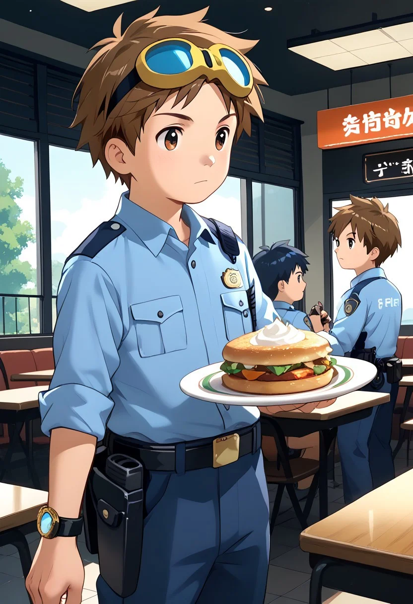 score_9, score_8_up, score_7_up, zPDXL2, 
,
1boy, solo, goggles on head, brown hair, male Japanese Summer Police Uniform,light-blue collared shirt, rank slides,hip holster,sleeves rolled up,Walkie-Talkie,Japanese police emblem
Fast Food Restaurant