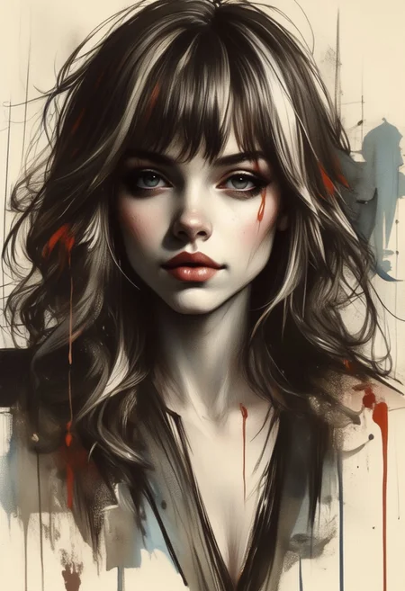 OBxiaoxiang, Inkplash art on rice paper, sepia, henna , inksketch, Silhouette Art, magnificent, dark background, inksplash portrait of stunning japanese woman, long dark hair with platinum streaks, sidelocks, bangs, seductive, sultry, lustful, red lips, direct gaze, light hitting one side of face, inksplash abstract background