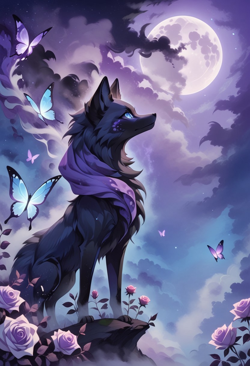 abstractzyrnox, abstract, abstract art, butterfly, blue, purple, white, fog, cinematic, purple sky, cloud, moon, ((black fox, animal, creature), rose, blue eyes)

