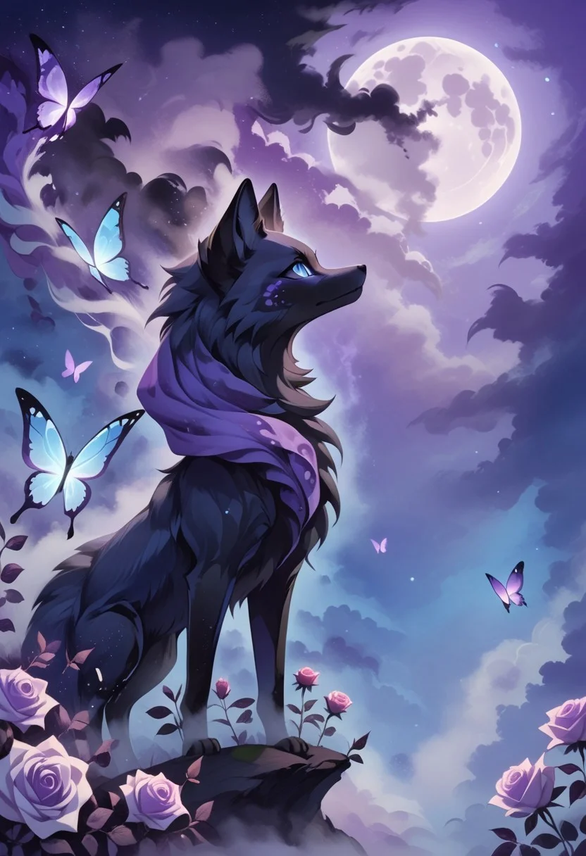 abstractzyrnox, abstract, abstract art, butterfly, blue, purple, white, fog, cinematic, purple sky, cloud, moon, ((black fox, animal, creature), rose, blue eyes)