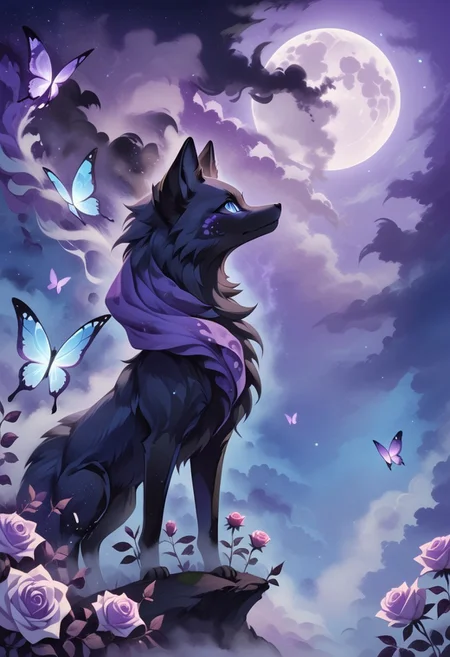 abstractzyrnox, abstract, abstract art, butterfly, blue, purple, white, fog, cinematic, purple sky, cloud, moon, ((black fox, animal, creature), rose, blue eyes)

