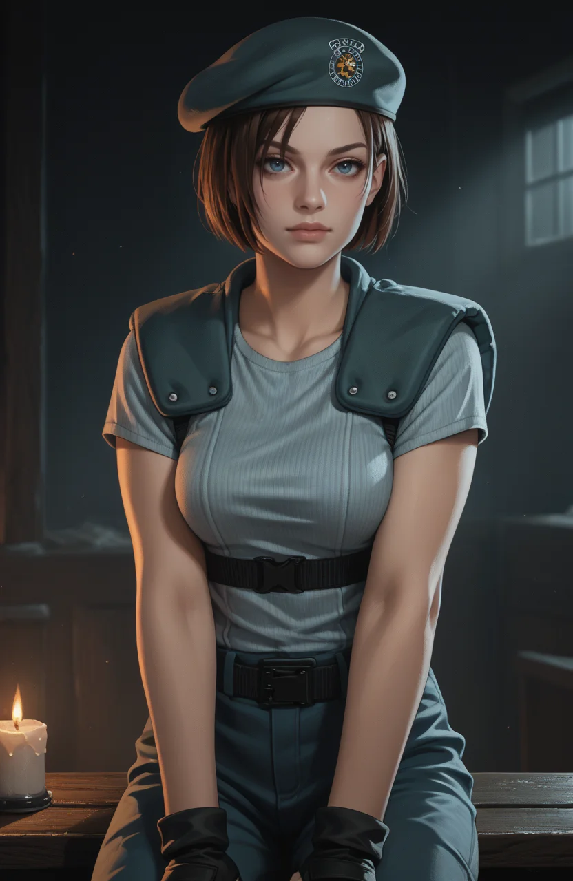 score_9, score_8_up, score_7_up, score_6_up, score_5_up, score_4_up, photoshop \(medium\), <lora:REJill_t1-000022-128:1.0> RE1Jill, blue eyes, brown bob cut, beret, breasts, fingerless gloves
, dark environment, mansion, indoors, moody lighting